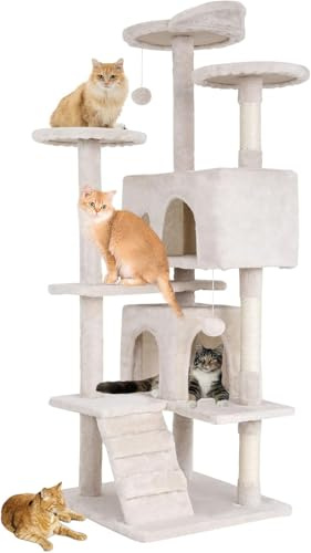 FDW Arbre à Chat Hauteur 178 cm Tour de Jeux pour Chat avec 2 Niches 3 Plateformes 2 Boules en Sisal Arbre à Grimper Multi-Niveaux Idéal pour 3-4 Chats Gris Beige