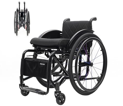 TRGCJGH Faltrollstuhl aus Aluminium, Rollstuhl für den Sport, leicht, Rollstühle mit Selbstantrieb, mit Bremsen(16.5 Seat Width,Black)