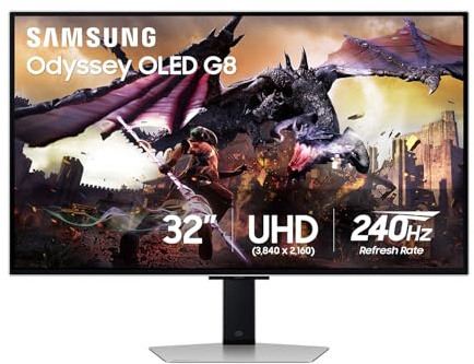 Samsung 32 Odyssey OLED G8 (G80SD) Series 4K UHD Smart Gaming Monitor w QD-OLED, 240Hz 0.03ms, G-Sync Compatible, Glare-Free Display, Sleek Metal Design, LS32DG800SNXZA, 3 Yr Warranty