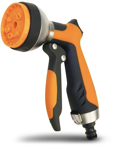 YourCasa Gartenbrause aus Aluminiumgehäuse - Gartenspritze mit 7 Sprühmustern - Brause Spritze mit Gartenschlauch Aufsatz - Handbrause Garten Wasserspritze Düse Reinigungsspritze Multibrause (Orange)