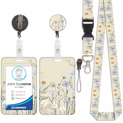Niedlicher floraler Kartenhalter, ID-Kartenhalter, abnehmbares Schlüsselband mit einziehbarem Clip für Schlüsselanhänger, Visitenkarten, Türkarten, ID-Karten, etc.