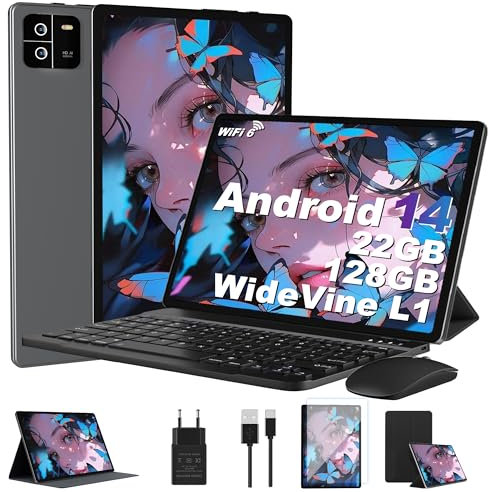 MIRGAMO Tablet 10 Pollici,Android Tablets 22GB RAM+128GB ROM(TF 1TB),Octa-Core,8000mAh,WiFi, GMS,Widevine L1,1920 * 1200 FHD/Bluetooth 5.0/16MP+8MP,Tablet 2 in 1 Tastiera+Mouse-Argenteo
