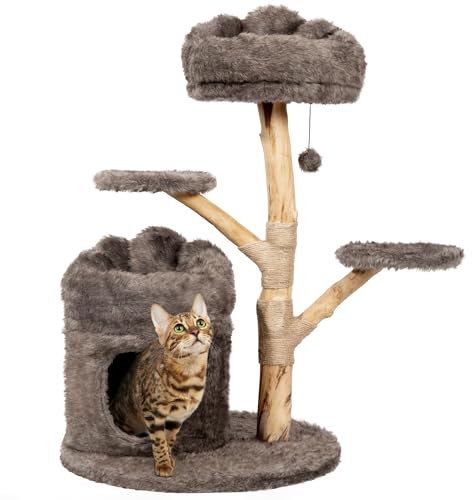 Árbol de madera maciza para gatos con condominio de lujo, torre moderna para gatos con escalera de madera, postes rascadores de sisal, plataforma de felpa suave y percha superior, torre para gatos