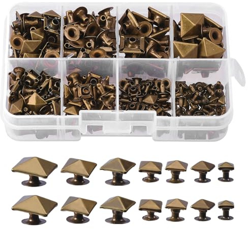 CHGCRAFT 168 Stück 7 Größen Quadratische Pyramidennieten Nieten Legierung Spike Niete Pyramidennieten Nieten Kit Metall Schraube Nieten mit Spike Form für Ledertasche Gürtel Geldbörse, antike Bronze
