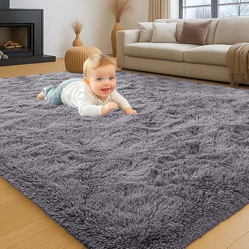 INSPIRE HOMEWARE Grey Rug Bedroom 80 x 150 cm - Soft Fluffy Rugs Living Room, Non Shedding Modern High Pile Carpet for Hallway Nursery Rug for Kids Room,