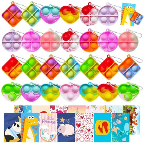 KIDRENFUN Party Bag Fillers Kids - 60 PCS Pop Fidget Toys for Kids, Lucky Dip Prizes Party Bag Toys, Class Prize Birthday Gifts, Party Favours Poppers for Girls Boys (30 Keyring + 30 Cards)