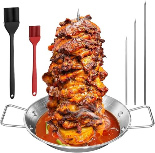 BBQ Vertical Meat Skewer Kebab Plate,Stainless Steel Vertical Skewer Grill with 3 Replacement Spikes 2 Brushes Ideal for Brazilian Barbecue Grilling, Kebabs on Smoker,Oven
