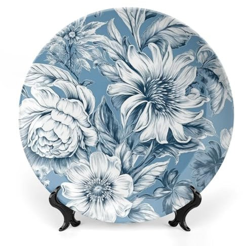 Grandes assiettes décoratives en porcelaine anglaise bleue et blanche de 25,4 cm pour présentation d'assiettes en céramique avec présentoir personnalisé pour cuisine, salle à manger, 25,4 cm