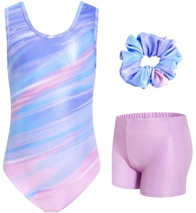 JiAmy Gymnastics Leotards for Girls, 3Pcs Sleeveless Athletic Outfit Sparkly Dance Unitards with Shorts Ballet Biketards 8-9 Years