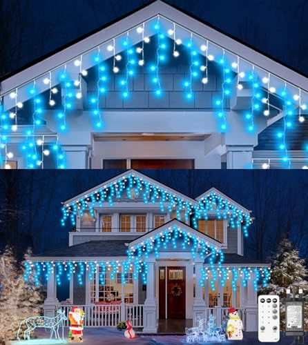 ULIGHTOWN Icicle Outdoor Christmas Lights, 5M 120LED Icicle Lights Outdoor Waterproof, Remote/8 Modes/3 Timer Fairy Lights Plug in for Home/Window/Party/Indoor Decor (Blue White)