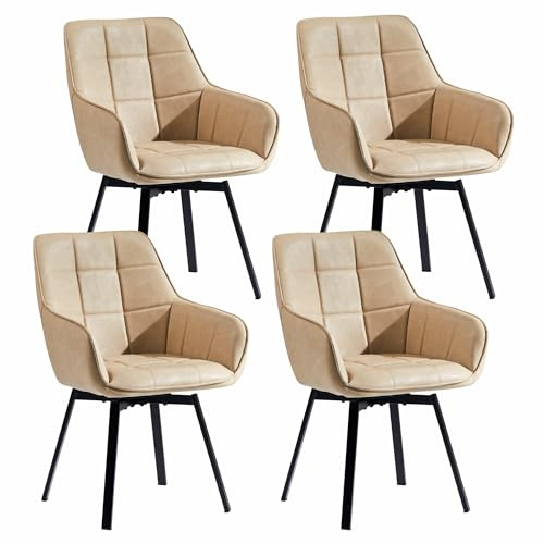 CLIPOP Esszimmerstühle 360° drehbar 4er Set Armlehnenstuhl Polsterstuhl drehbarer Stühle Esszimmer aus Kunstleder Küchenstuhl Drehstuhl für Wohnzimmer Esszimmer(4er Set, Kunstleder Beige)