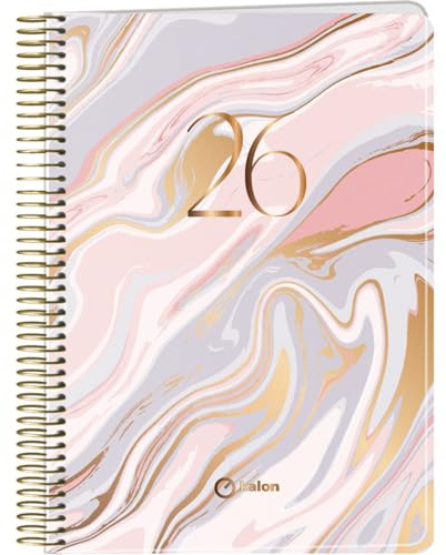 Q Kalon - Kalender 2026 - Wochenübersicht Vertikal, Format A5 (15 x 21 cm), Mehrsprachiger Jahresplaner (DE, EN, FR, ES), Ringbindung, Kartonumschlag mit Transparenter Schutzfolie - Marble