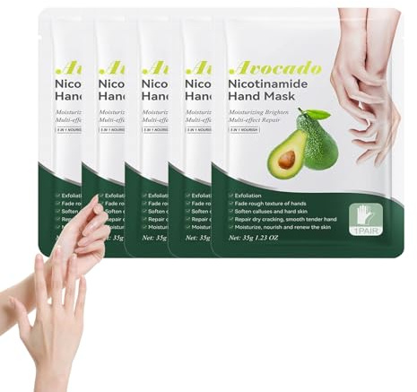 5PC Hand Mask, Masque pour les Mains à l'avocat, Main Gants Hydratants pour Soin de Main Masque Nourrissant Exfoliants Régénérantes Pour Les Mains Sèches Vieillissantes et Gercées
