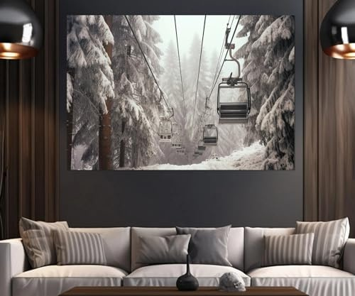 PVPQPR Großer Leinwanddruck mit Skilift,malerisches Skilift-Wandbild,Winter-Seilbahn-Druck,Winter-Leinwandbild,Skifahrer,gerahmt,fertig zum Aufhängen (70 x 100 cm (28 x 39 Zoll) / mit Rahmen)