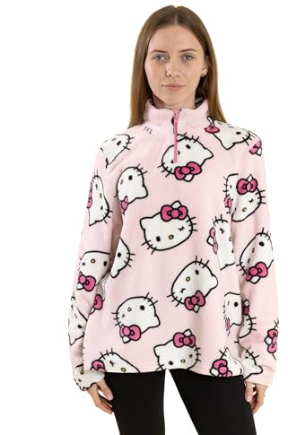 Hello Kitty Faces Womens Pink Jumper | Funnel Neck, Long Sleeve Fleece Top with Zipper | Casual Wear for Everyday Use | Cartoon Character Apparel Merch