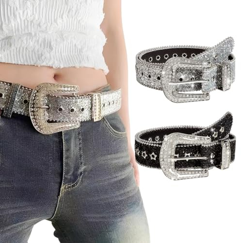 CFEWV 2 Stück Gürtel Y2K, Y2K Belt, Damen Strass Belt, Punk Pu Ledergürtel, Glitzer Für Western Cowgirl Cowboy, Y2K Bling Nieten-Ledergürtel, Für Hosen, Kleider (Silber, Schwarz)