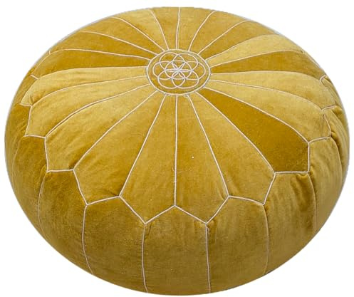 Senfgelber marokkanischer Samt-Bodenpouf – rundes Ottoman-Kissen mit Mandala-Stickerei, handgefertigter Paneelnaht, Boho-Bodensitz für Wohnzimmer, Meditation und Dekoration