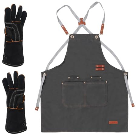 WXYDY Grillhandschuhe Hitzebeständig 300°C Leder + Canvas Grillschürze für Männer und Frauen mit Taschen, Ofenhandschuhe & Kochschürze, Grillzubehör Geschenk für BBQ, Küche, Handwerk Werkstatt