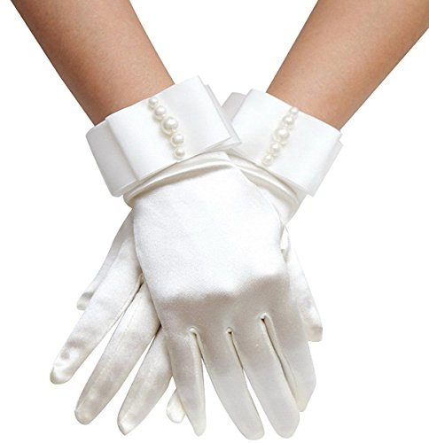 Elinadress Women's Satin Gloves with Pearl Embellished Bow Elegant Bridal Finger Gloves Accessory Ivory