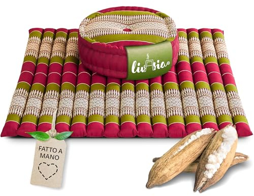 livasia Meditationsset XL - Ø 38x15cm / Matte 75x75x4,5cm - Yogaset mit Kissen und Matte, Pouf, Yogamatte und Yogakissen mit Kapok handgefertigt, Bodenkissen Outdoor, Zafukissen (Rot/Grün)