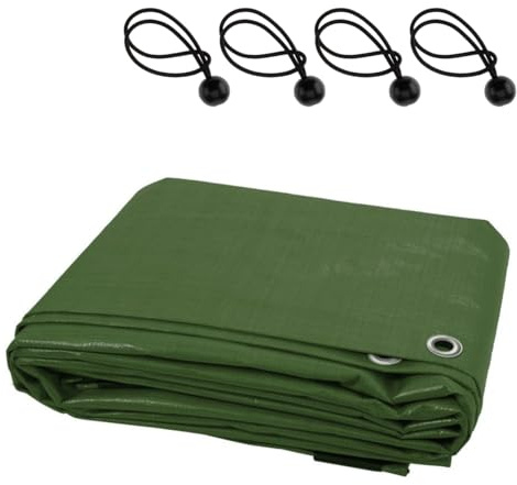 Waterproof Tarpaulin with 4 Ball Bungees - 4 x 8 m Green PE Tarp Cover for Garden, Wood, Camping, Groundsheet, Construction - 90 GSM UV Resistant, Tear-Proof, Mould-Proof, Rope-Reinforced Edges