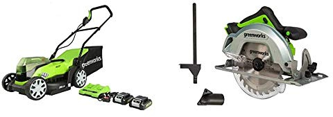 Greenworks Tondeuse à batterie G24X2LM36K2x sac collecteur Réglage central de la hauteur de coupe incl. 2x 2Ah batterie et chargeur + Scie circulaire à main sans fil GD24CS