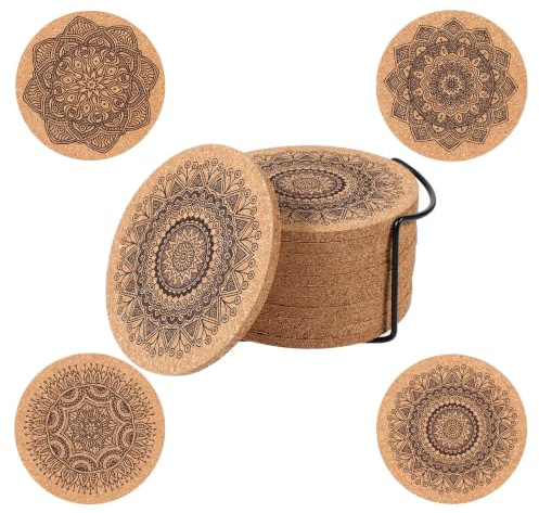 Cabilock Korkuntersetzer Set Rund 10X10Cm Mit Halter Mandala Design Wiederverwendbare Getränkeuntersetzer Für Zuhause Büro Café Schutz Für Möbel