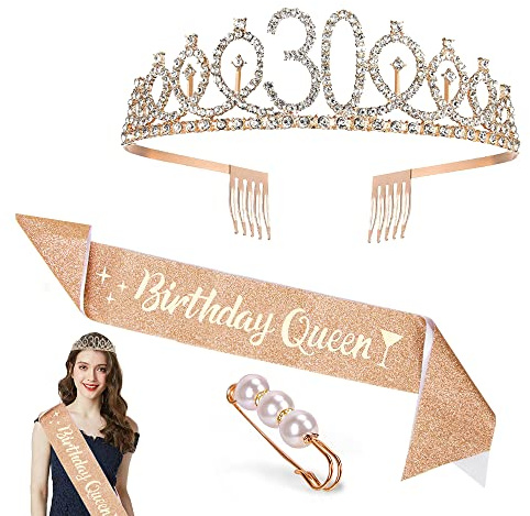30. Geburtstag Krone Schärpe, Geburtstag Tiara Gold Geburtstag Schärpe Haarnadel, Junggesellinnenabschied Set für 30 Geburtstag Deko Geschenk Frauen Party Accessoires