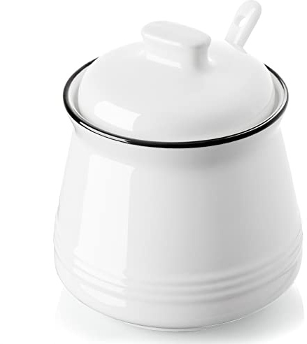 DAYYET Sugar Bowl with Lid and Spoon, 12 oz Ceramic Sugar Bowl with Spoon, Sugar Container for Coffee Bar, Sugar Jar Sugar Dispenser Bowl, Modern Kitchen Decor, White