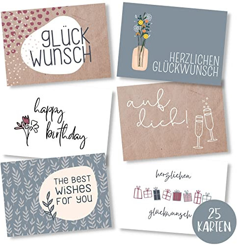 Erik Anderson 25er Set Geburtstagskarten hochwertig - Glückwunschkarte, Postkarte zum Geburtstag - Happy Birthday Karten als Postkarten Set - ideal als Grußkarte und Gutschein für Männer und Frauen