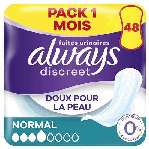 Always Discreet 0%, 48 Serviettes Hygiéniques Incontinence Femme, Normal 3 Gouttes, Protection Absorbante pour Fuites Urinaires Modérées, Pack 1 Mois