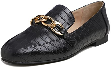 Feversole Dam Casual Comfy Trim Loafer Platt, klassisk mockasin, penny loafers, damtofflor, kostymskor, skor, Svart krokodil, 39 EU