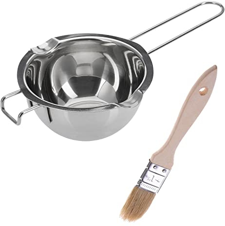 Westmark 1 Wasserbad-Schmelzschale/Schmelztopf, ø 11 cm + 1 Kuchenpinsel, 18,5 cm, 1 Zoll, Rostfreier Edelstahl/Holz, Woody, Silber/Hellbraun, 314922E6