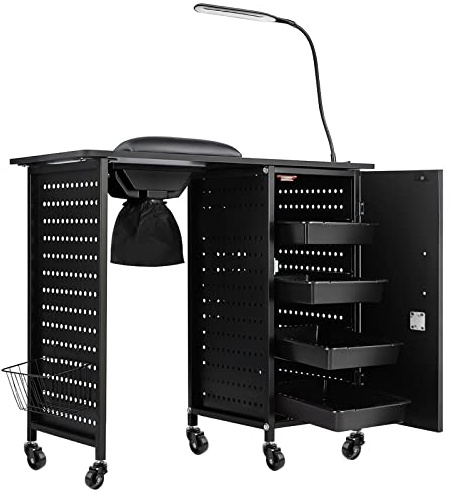 Kalolary Table de Manucure pour Ongles, Station Mobile pour Ongles avec Collecteur de Poussière pour Ongles, 4 Tiroirs, Lampes LED, Repose Poignet pour Technicien à Domicile Spa Salon