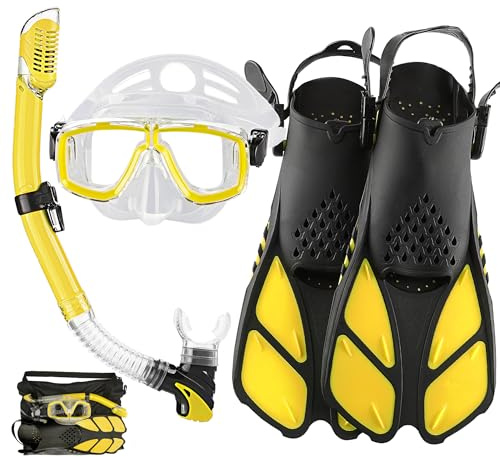 HH HHAO SPORT Set da snorkeling per adulti con pinne, attrezzatura da snorkeling di dimensioni da viaggio con pinne regolabili corte, maschera subacquea di alta qualità e boccaglio Dry Top, con borsa