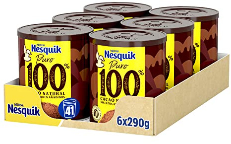 Nesquik cacao en polvo 100% 6x290g | Cacao en polvo para preparar bebida de chocolate en leche, ideal para desayunos y meriendas