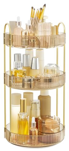 SONGMICS Makeup Organizer, 3-Tier Round Rotating Skincare Organizer Countertop, Customizable, Toiletries Vanity Organizer, Lazy Susan, Gift, Champagne Gold UJKA011A01