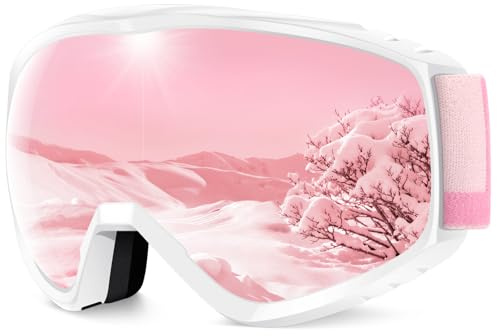 Findway Skidglasögon, skidglasögon dam herr, snowboard- och skidmask för OTG ögonglasögon, UV-skydd, anti-dimma, rosa lins spegel