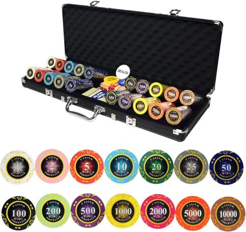 500-teiliges Poker-Chips-Set, 14 Gramm Casino-Spiele-Chips, Poker-Set Texas Holdem Blackjack Poker-Chips mit silberner Aluminiumbox, Dealer-Button for Casino-Spiele zu Hause (Size : Silver Aluminum B