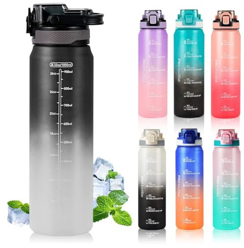 SEASEVEN Sports Water Bottle 1L,Plastic Drinks Bottle,1 Litre Water Bottles with Time Markings,Waterbottle Leak-Proof & Bpa-Free for Gym,Office, Outdoor(No Straw) (Black-White)