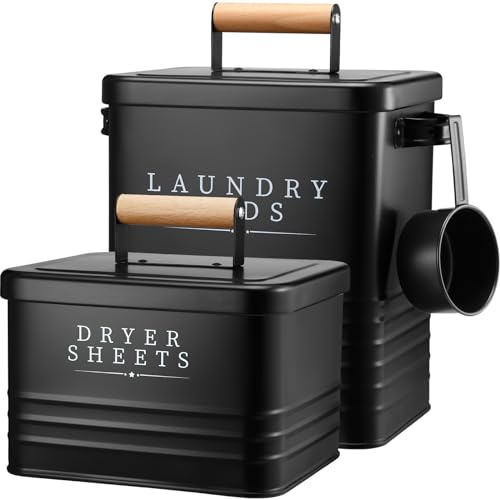 Yaocom 2 Pcs Laundry Pod Container with Dryer Sheet Holder Farmhouse Laundry Room Decor Organization and Storage Detergent Container Box with Lid Handle Metal Dryer Sheet Dispenser(Black)