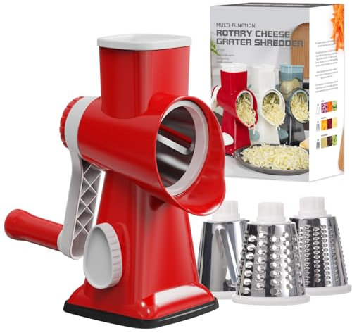 GORCI Cheese Shredder Rotary Cheese Grater Manual Vegetable Slicer with Suction Base, 3 Interchangeable Stainless Steel Blades Cheese Grater Nuts Chocolate Grinder Red