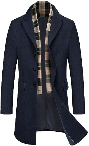 COOFANDY Herren Mantel mit Abnehmbaren Schal Wintermantel | Einreihiger Kurzmantel Business Trenchcoat Warme Winterjacke Overcoat
