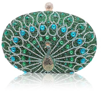 CORIOS Pfau Abendtasche für Damen Shiny Strass Clutch Tasche Diamant Clutch Tasche Kette Schultertasche Klein Tasche Elegante Luxus Abschlussball Hochzeit Bankett-Party Umhängetasche Grün
