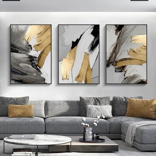 Leinwanddrucke, 3-teilig, gerahmt, abstrakt, grau-golden, Gemälde, Wandkunst, Bilder für Wohnzimmer, Home-Office-Dekoration, 80 x 100 cm (31 x 39 Zoll) x3 mit schwarzem Rahmen