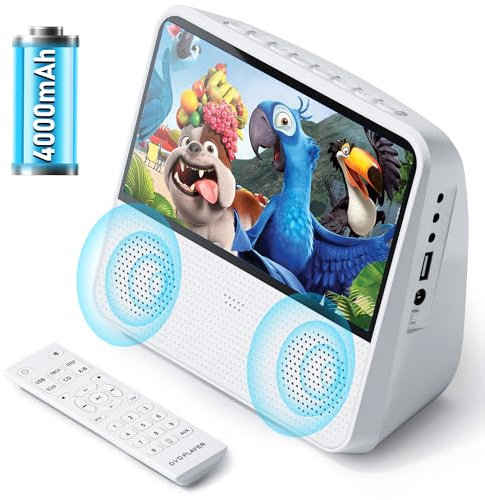 Lettore DVD portatile con batteria ricaricabile da 4000 mAh, lettore DVD senza regione con doppio altoparlante incorporato, supporta CD/DVD/Bluetooth/USB/MP3/AV/telecomando/Timer (bianco)
