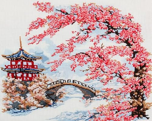 AxiangziK japanische Landschaft DIY Kreuzstich Stickpackungen Vorgedruckt,Sakura-Zweige,Sticken Set Erwachsene Kreuzstich Bild,Wandkunst-Heimdekoration,16x20inch