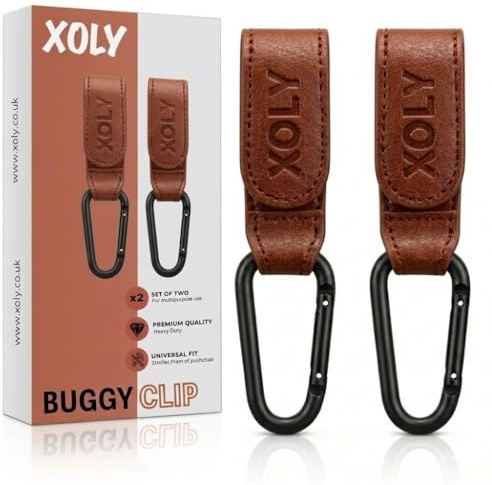 2X Buggy Clips by XOLY - Heavy Duty Universal Nonslip Durable One Handed Hook Your Shopping Bags, Handbag or Change Bag on Your Stroller, Pram or Pushchair Hooks Clips - Black Or Brown 2 Pack (Brown)