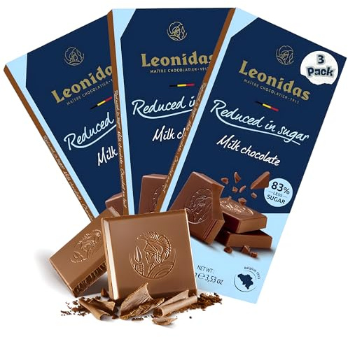 Leonidas 3 Pack Reduced in Sugar Milk Chocolate Tablet – Premium Belgian Chocolate – Less Sugar, Same Indulgence – Smooth & Creamy Guilt-Free Treat for Snacking, Gifting & Sharing (100g Each)