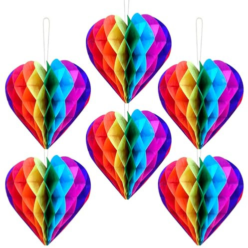 Pride Decorations, 6Pcs Rainbow Paper Honeycomb Balls Pride Accessories, Love Heart Hanging Pom Pom Rainbow Honeycomb Decorations for Gay LGBT Party Wedding Supplies (6 inch)